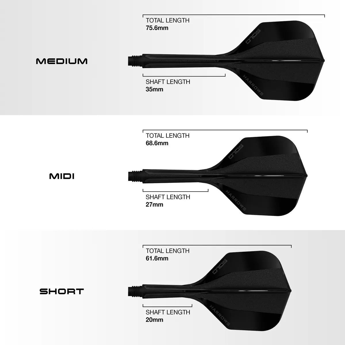 Harrows Solo Flight-Shaft System No.6 Schwarz im Vergleich der Längen Short, Midi und Medium mit Maßangaben