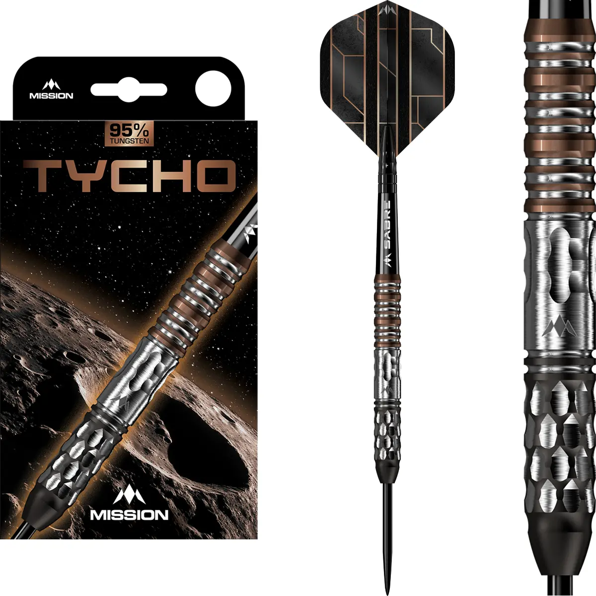 Mission Tycho Steeldarts – Komplettes Set in Schwarz-Bronze-Design Mission Tycho Steeldarts mit 95 % Tungsten-Barrel, Sabre Shafts und Tycho Flights