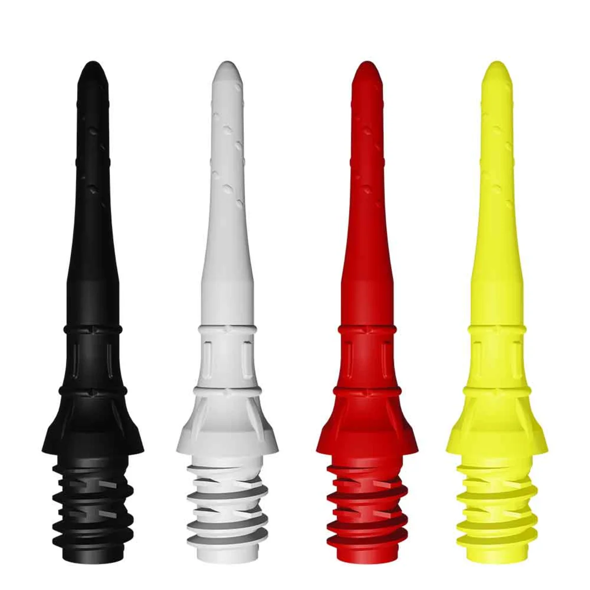 L-Style Premium Lippoint Short Softdartspitzen in Schwarz, Weiß, Rot und Neon Yellow – Detailansicht der vier Farben