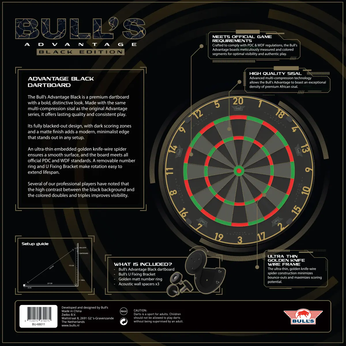 Verpackungsrückseite des Bull's Advantage Black Dartboard mit Angaben zu Sisal, Golden Knife Wire, Lieferumfang und Setup Guide