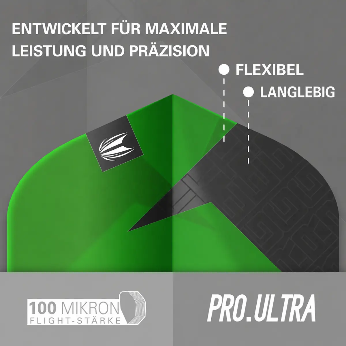 Werbegrafik der Target TAG Flights No6 grün mit Pro Ultra Material, 100 Mikron Flight-Stärke, flexibel und langlebig