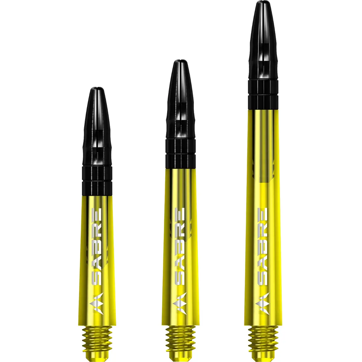 Mission Sabre Dart Shafts in der Farbkombination Gelb-Schwarz. Eine Gesamtansicht der drei verfügbaren Längen: Short, Midi und Medium.