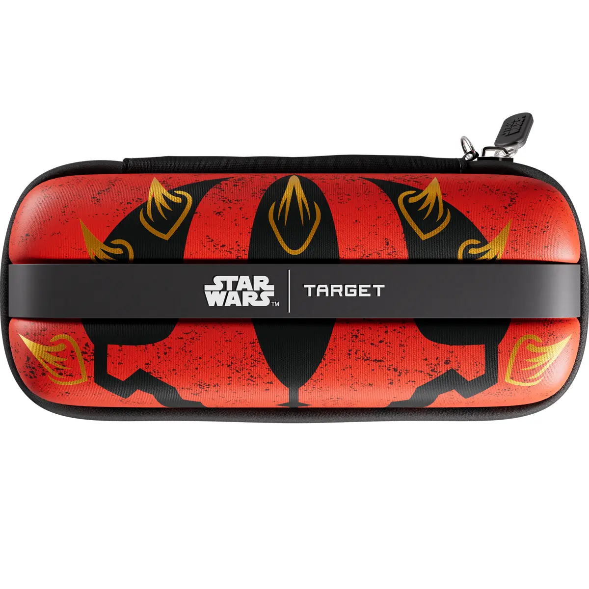 Draufsicht auf das rote Darth Maul Tattoo-Design der Target Star Wars Darttasche mit Logo-Branding.
