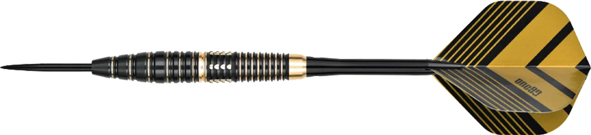 Seitenansicht des One80 Mobilizer 04 Steeldart mit präzisem Ringgrip und eleganten Golddetails