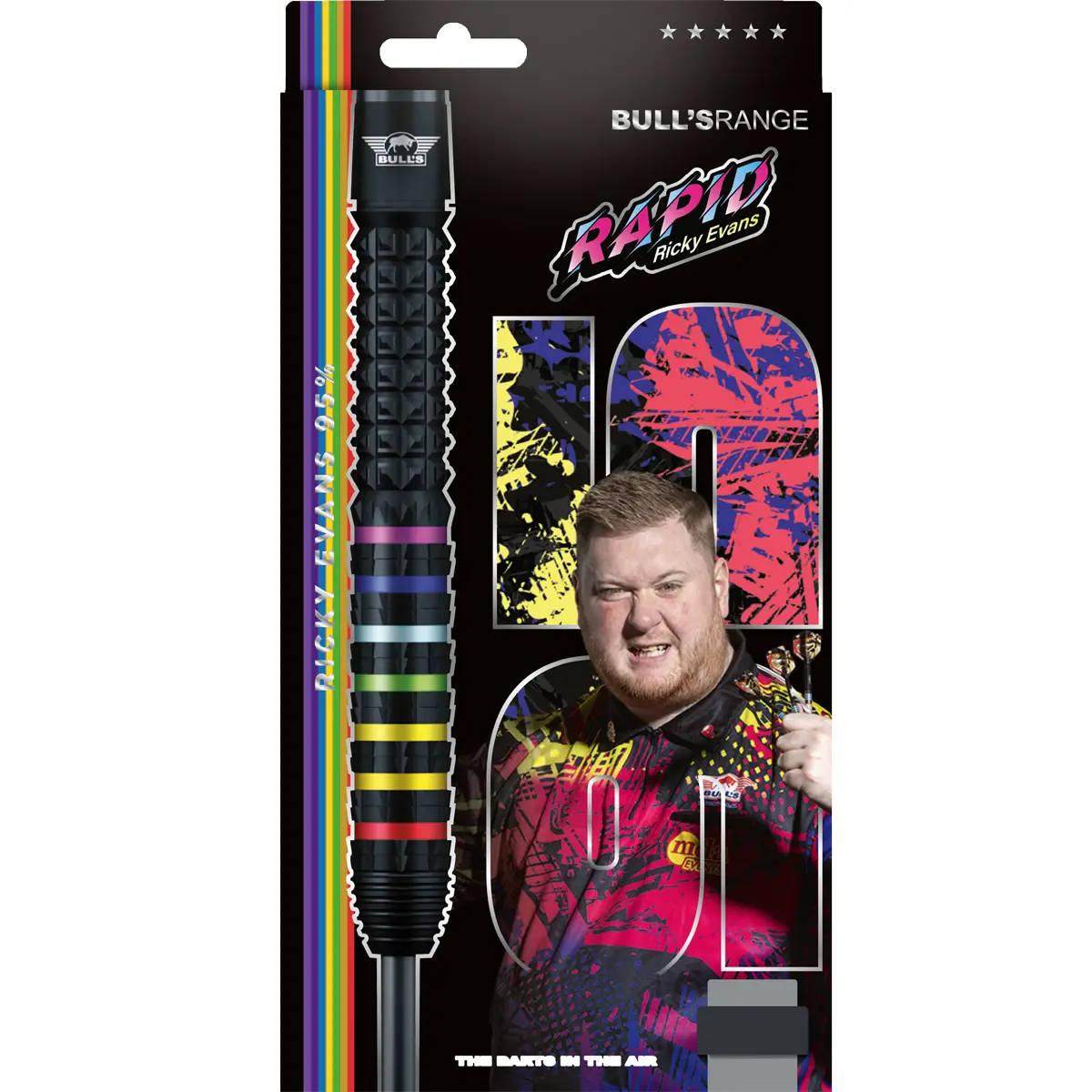 Originalverpackung der Bull’s NL Ricky Evans 95 % Steeldarts 23 g mit Spielerdesign und Rainbow-Akzenten