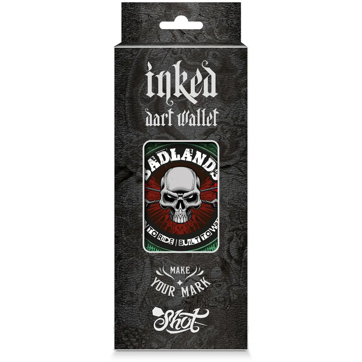 Shot Badlands Inked Drop-In Darttasche grün in Verpackung mit rotem Skull-Logo und Tribal-Design