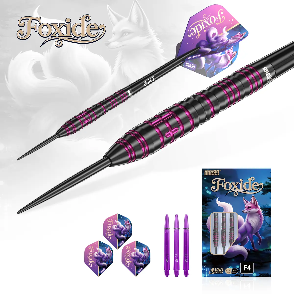 One80 Foxide F4 Steeldarts in dynamischer Ansicht mit kopflastiger Balance und präziser Barrelform