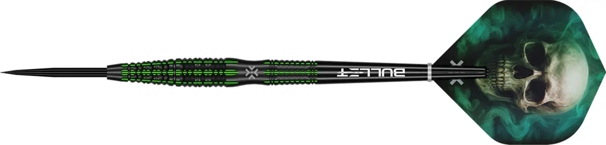 Bullet Poison Steeldart in kompletter Seitenansicht mit grün-schwarzem Grip