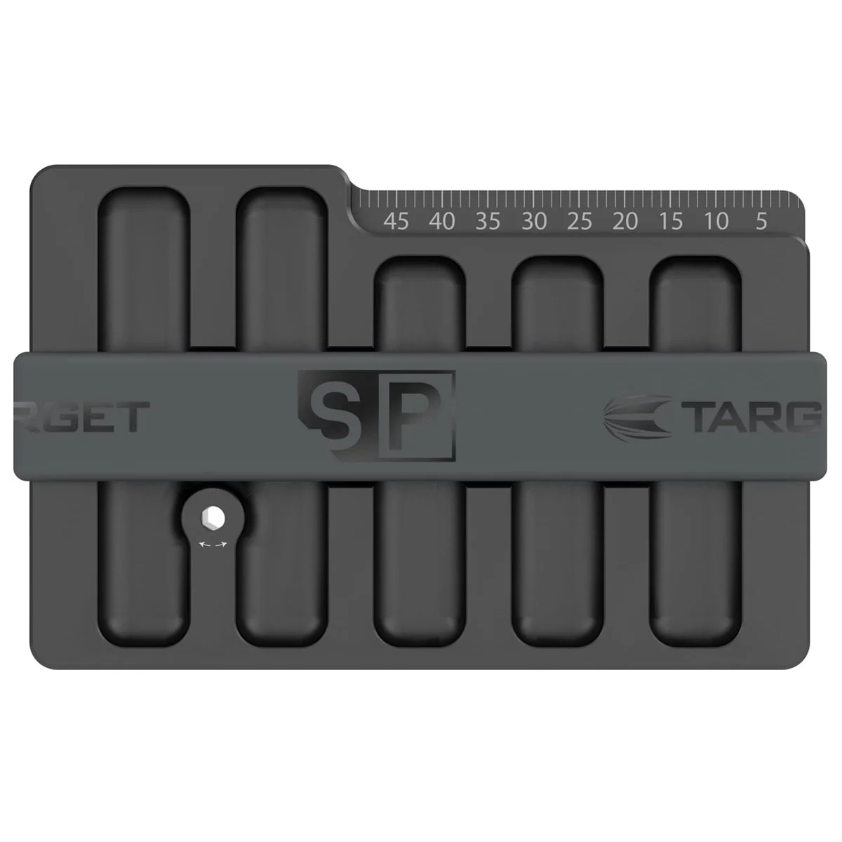 Target Swiss Point Safe Rückansicht mit kompakter Aluminiumkarte und Sicherungsband für Swiss Point Spitzen