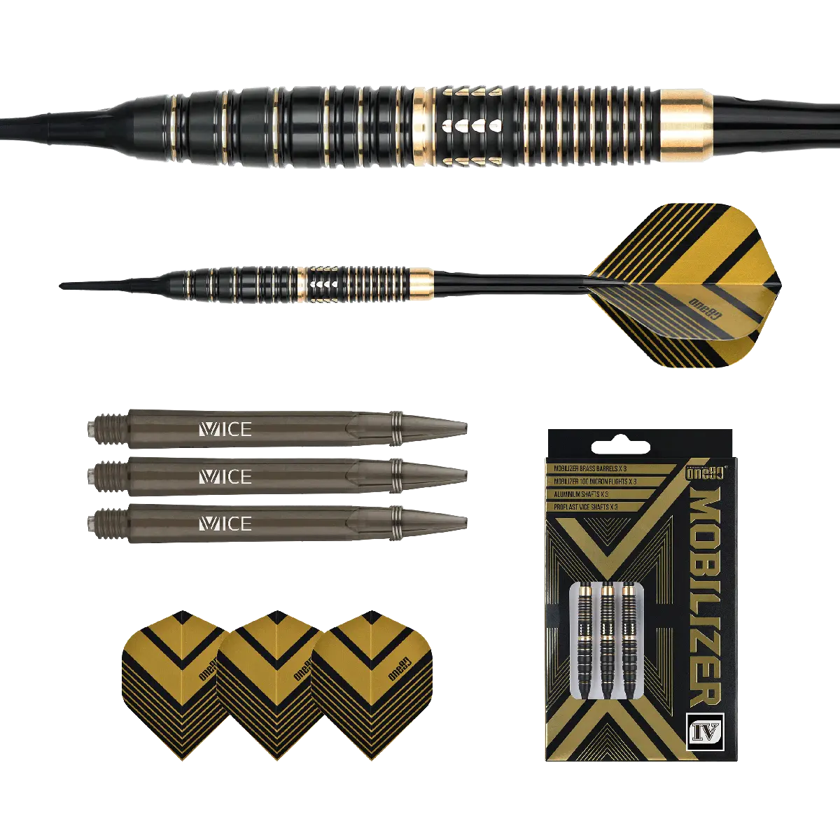 Gripstruktur der One80 Mobilizer 4 Softdarts mit drei Griffzonen, Ringed Grip und kleinem Shark Grip Abschnitt