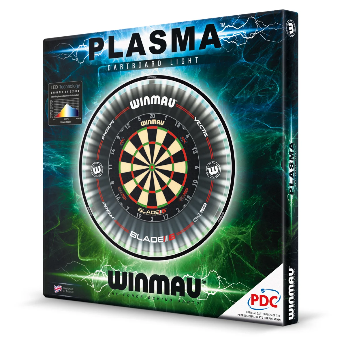 Originalverpackung der Winmau Plasma Black Dartboardbeleuchtung mit Netzteil und Montagematerial