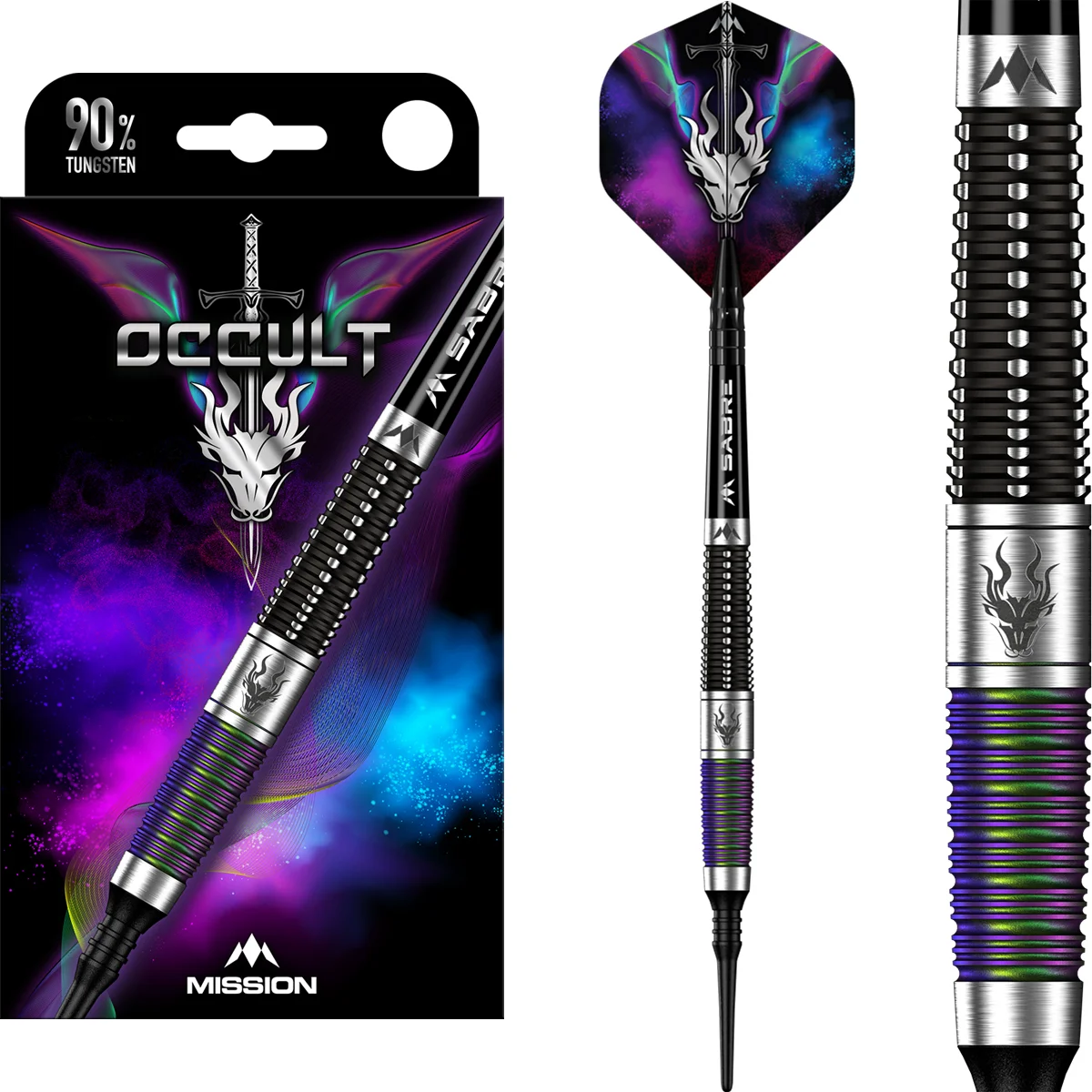 Mission Occult Softdarts 18g Komplettset mit 90 % Tungsten Barrel, Mission Sabre Shafts und Occult Flights