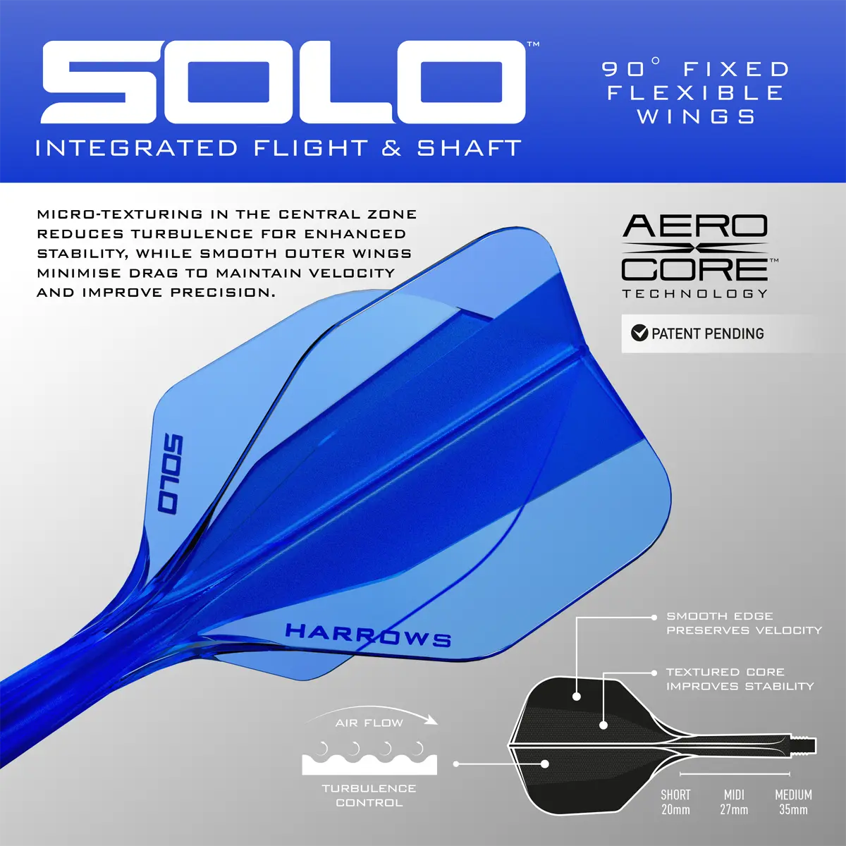 Harrows Solo Flight-Shaft System No.6 in Blau mit AeroCore Technologie, strukturierter Mittelzone und integrierter Flight-Shaft-Konstruktion