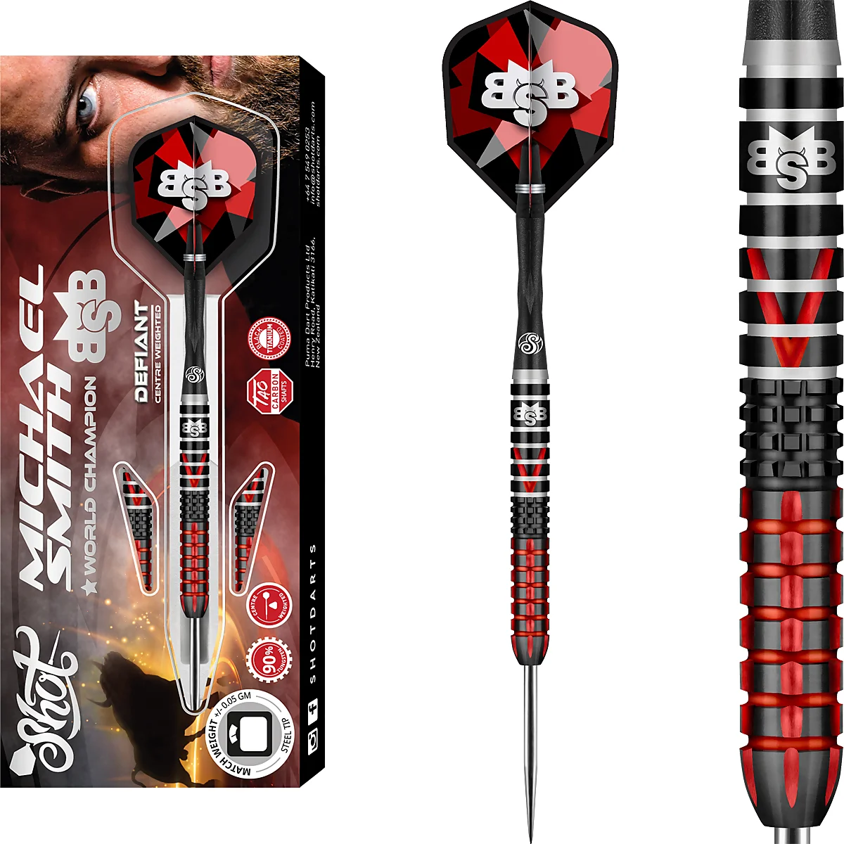 Shot Michael Smith Defiant Steeldarts Set – 90 % Tungsten mit Tao Carbon Shafts und Defiant Flights Shot Michael Smith Defiant Steeldarts Set mit Verpackung, montiertem Dart und Barrel Nahaufnahme