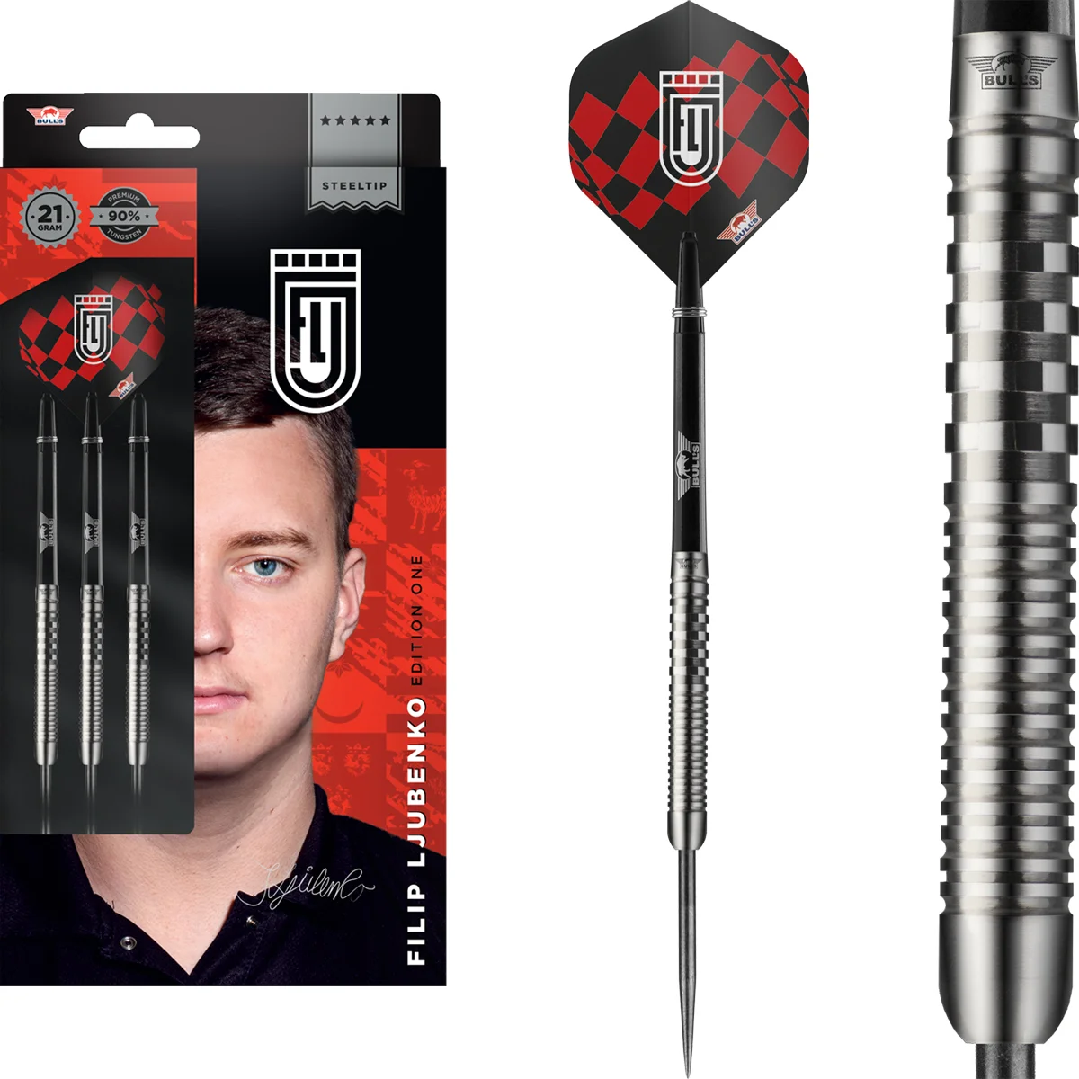 Bull's NL Filip Ljubenko Steeldarts 90% Tungsten Komplettset mit Spielerflights und Shafts