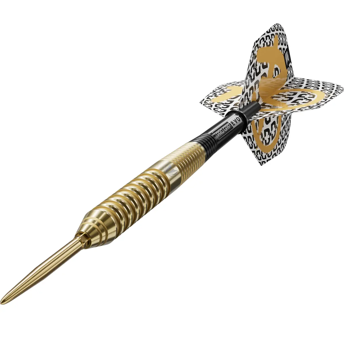 Perspektivische Ansicht des Bolide Envy 02 Darts mit schwarzen Pro Grip EVO Shafts.