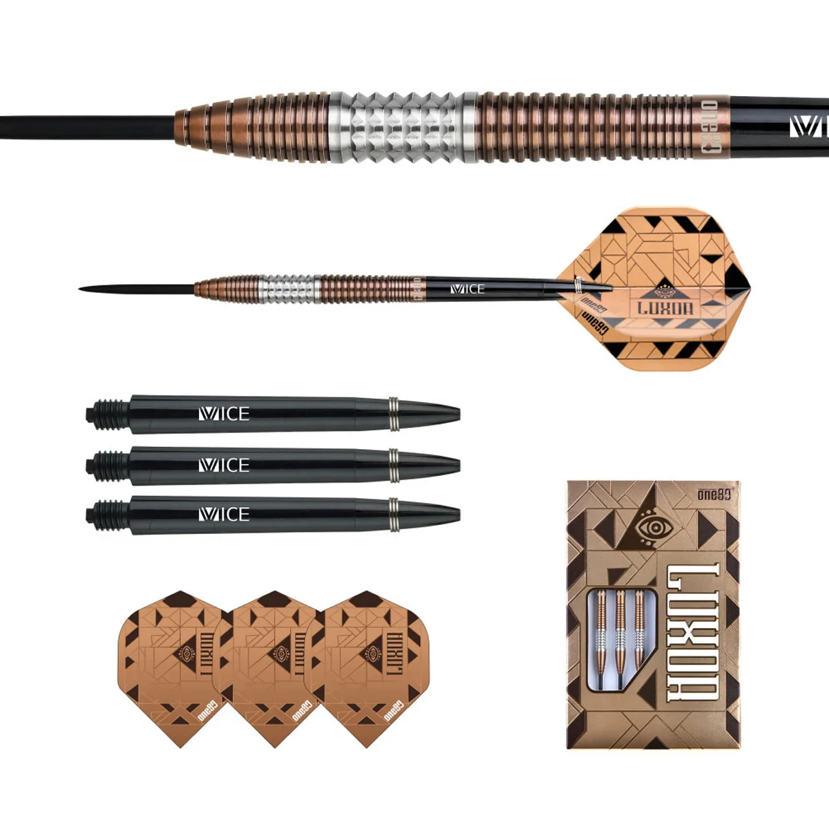 Lieferumfang der One80 Luxor Gamma Steeldarts 21g mit Barrels, Steeldartspitzen, Flights und Shafts