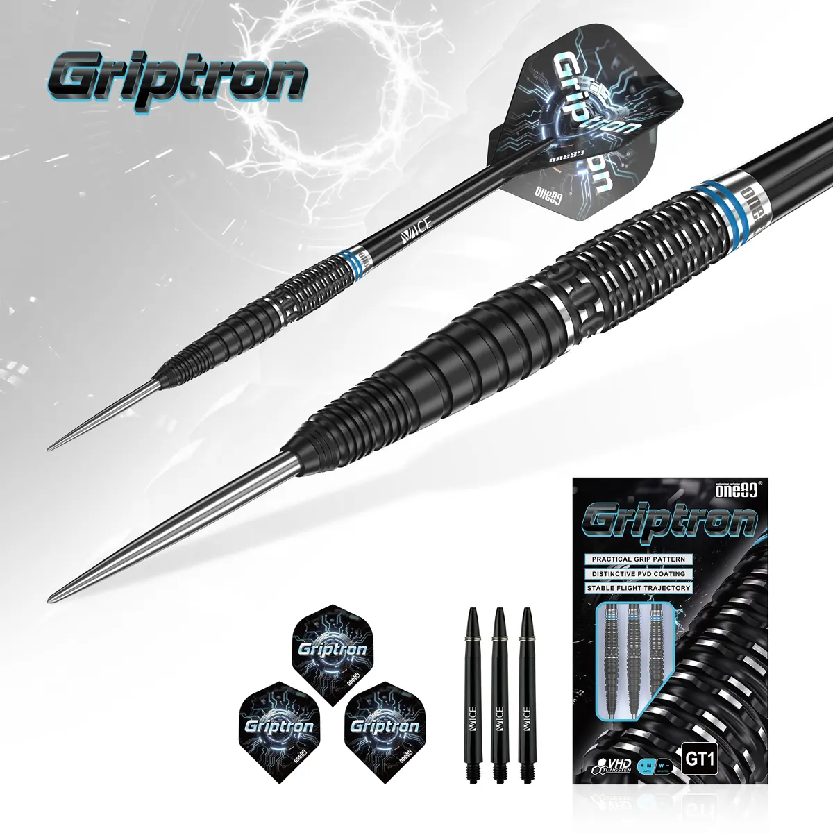 One80 Griptron GT1 Steeldarts mit schwarzem Barrel und Ringgrip in Lifestyle-Darstellung
