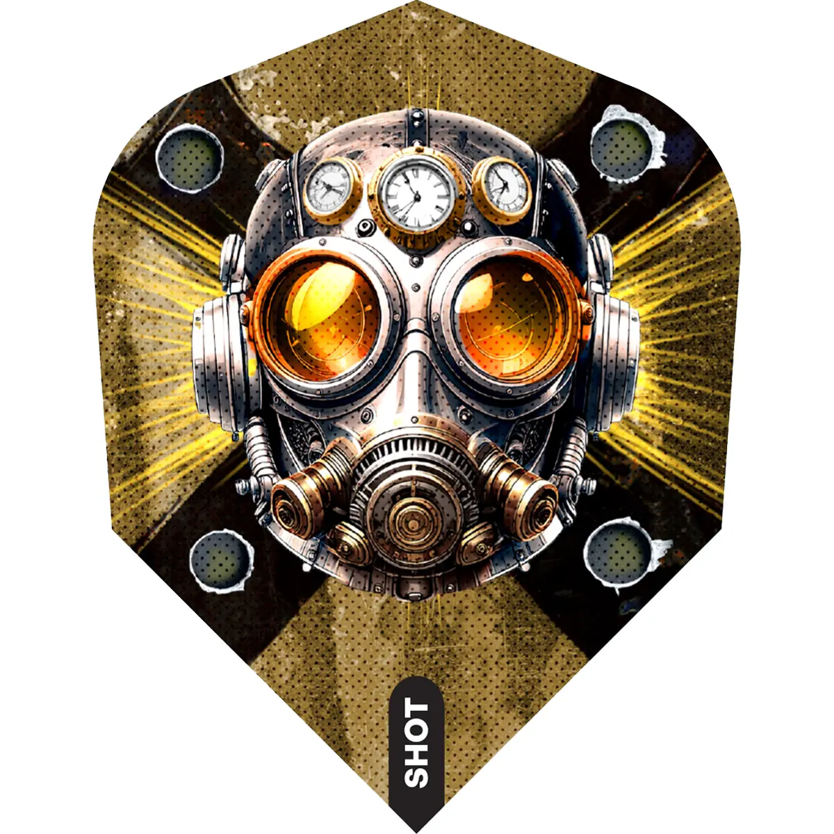 Shot Badlands The Sheriff Flight No.6 einzeln | Dartgott Shot Badlands The Sheriff Flight No.6 einzeln – Gasmaske mit Messinginstrumenten und orangen Linsen auf gold-schwarzem Design, 100 Micron Polyester
