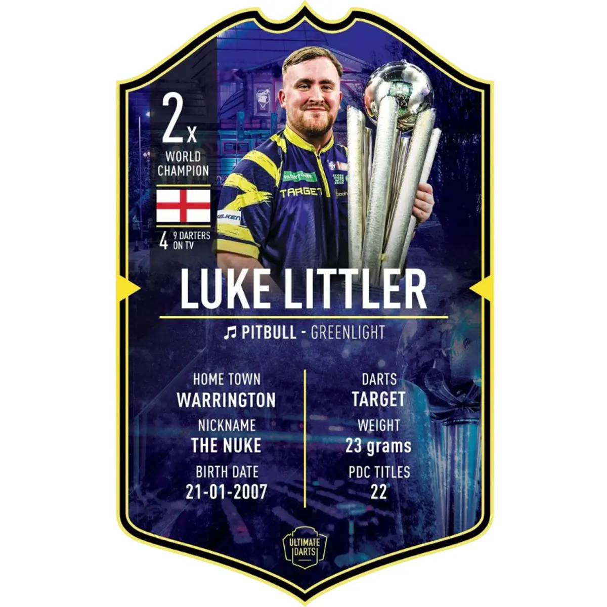 Luke Littler Ultimate Darts Card 2026 mit Spielerporträt, Weltmeister-Trophäe und Double World Champion Design