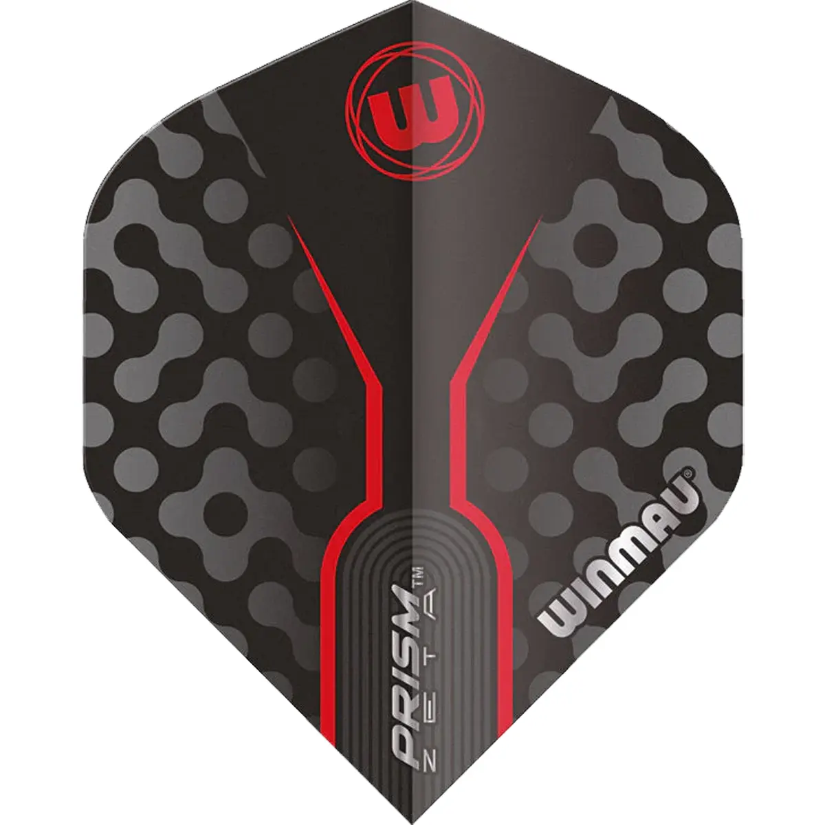 Winmau Prism Zeta Flight – Schwarz, Grau & Rot (Vorderansicht) Winmau Prism Zeta Dart Flight flach – Schwarz, Grau & Rot