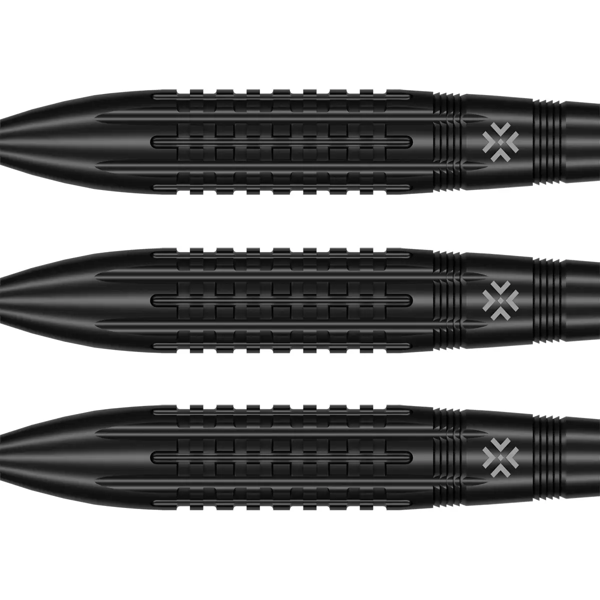 Bullet Cage Steeldarts Barrel in dreifacher Ansicht mit durchgehendem Grid-Grip