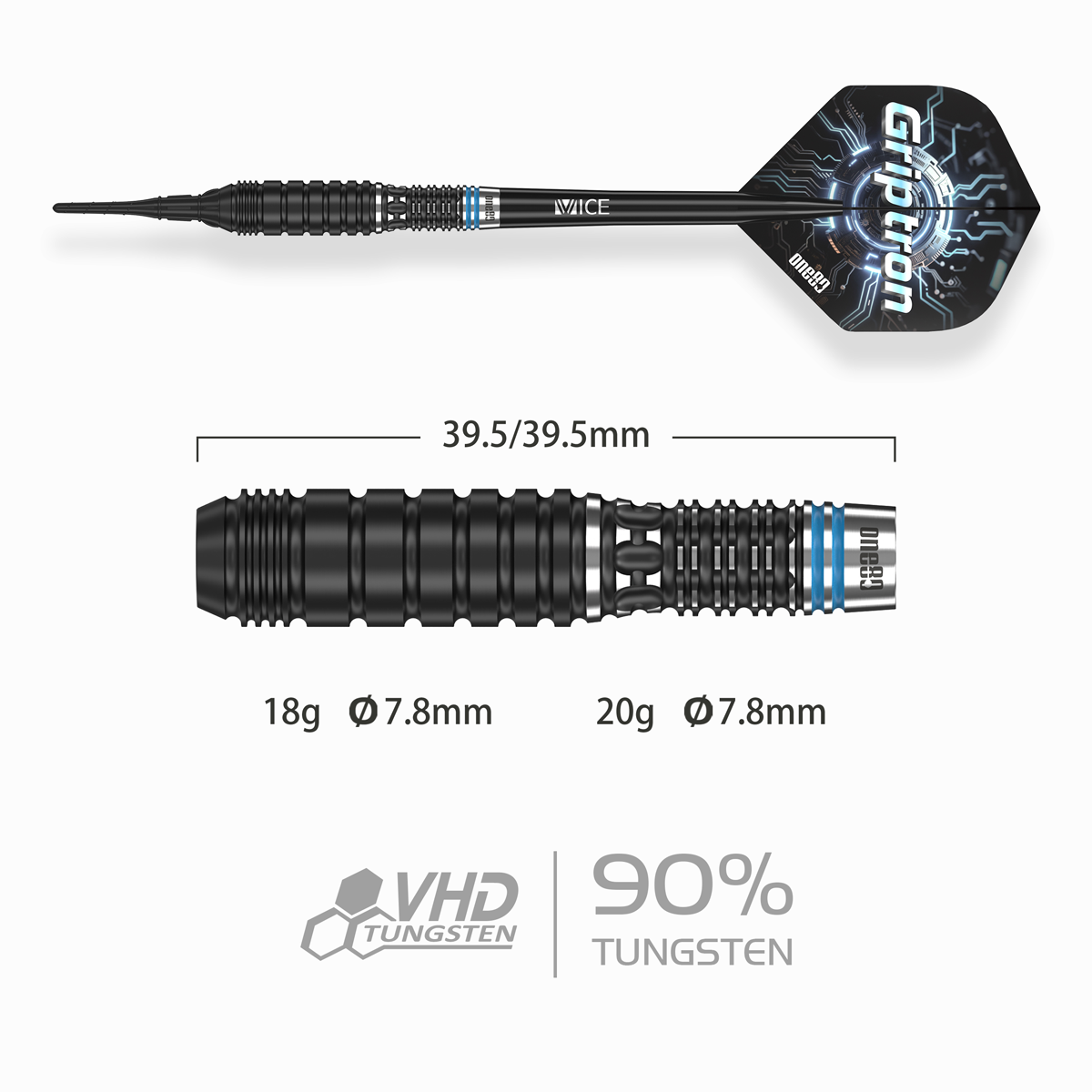 Maßgrafik der One80 Griptron GT3 Softdarts: Barrellänge 39,5 mm, Durchmesser 7,8 mm, erhältlich als 18 g oder 20 g Barrelgewicht, 90 % Tungsten