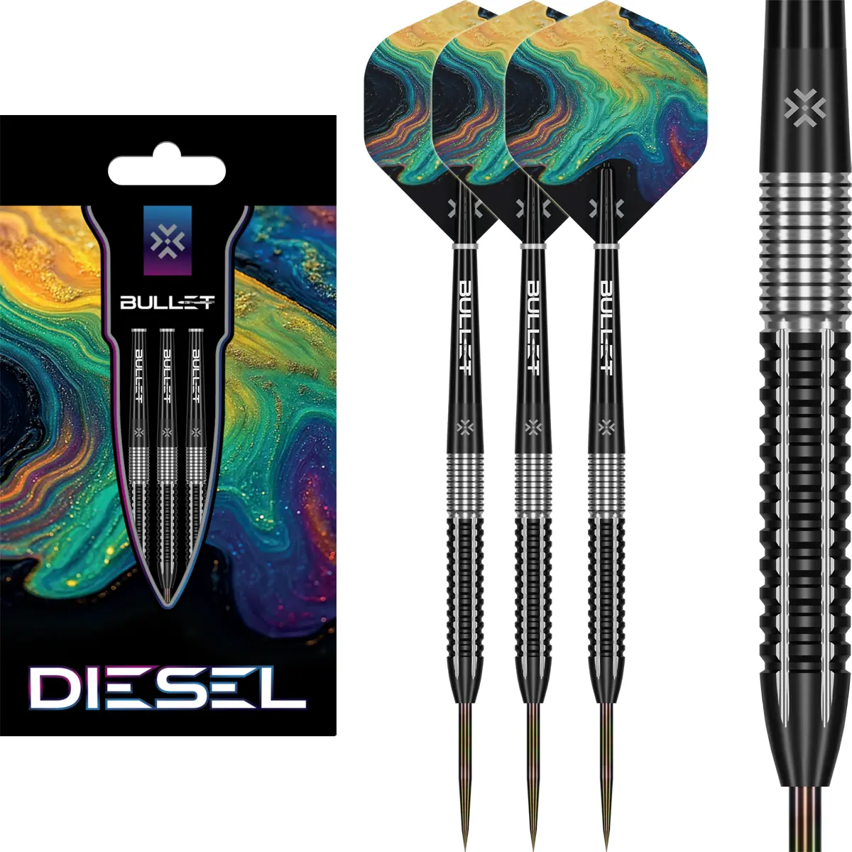 Bullet Diesel Steeldarts mit Verpackung – Produktbild