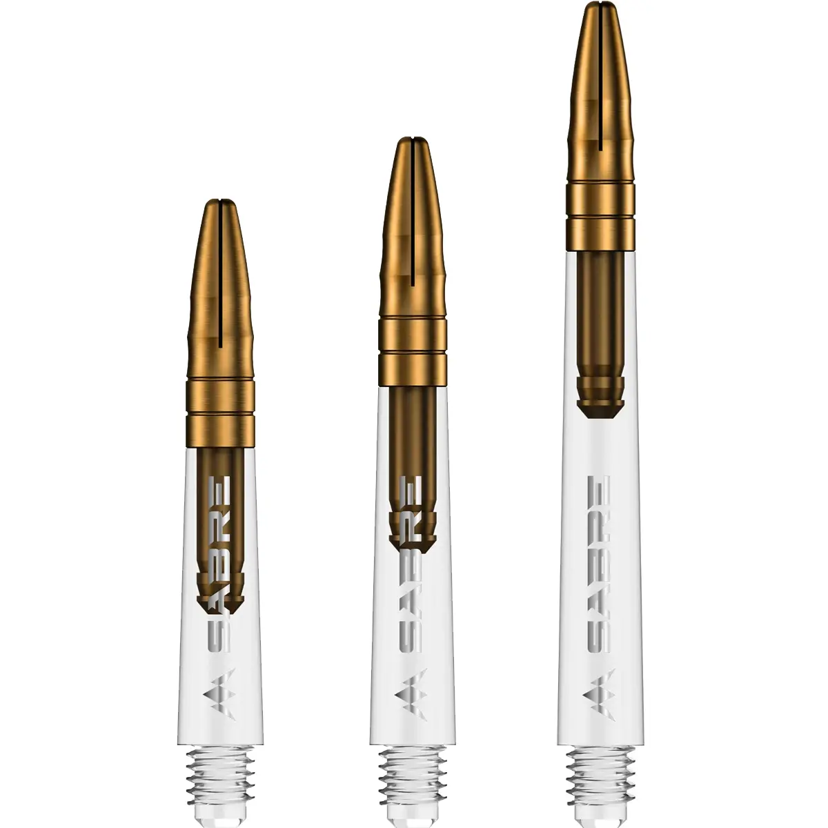 Mission Sabre Dart Shafts in Klar-Gold. Set-Ansicht der Längen Short, Midi und Medium. Kombination aus kristallklarem Body und gold eloxiertem Aluminium-Top.