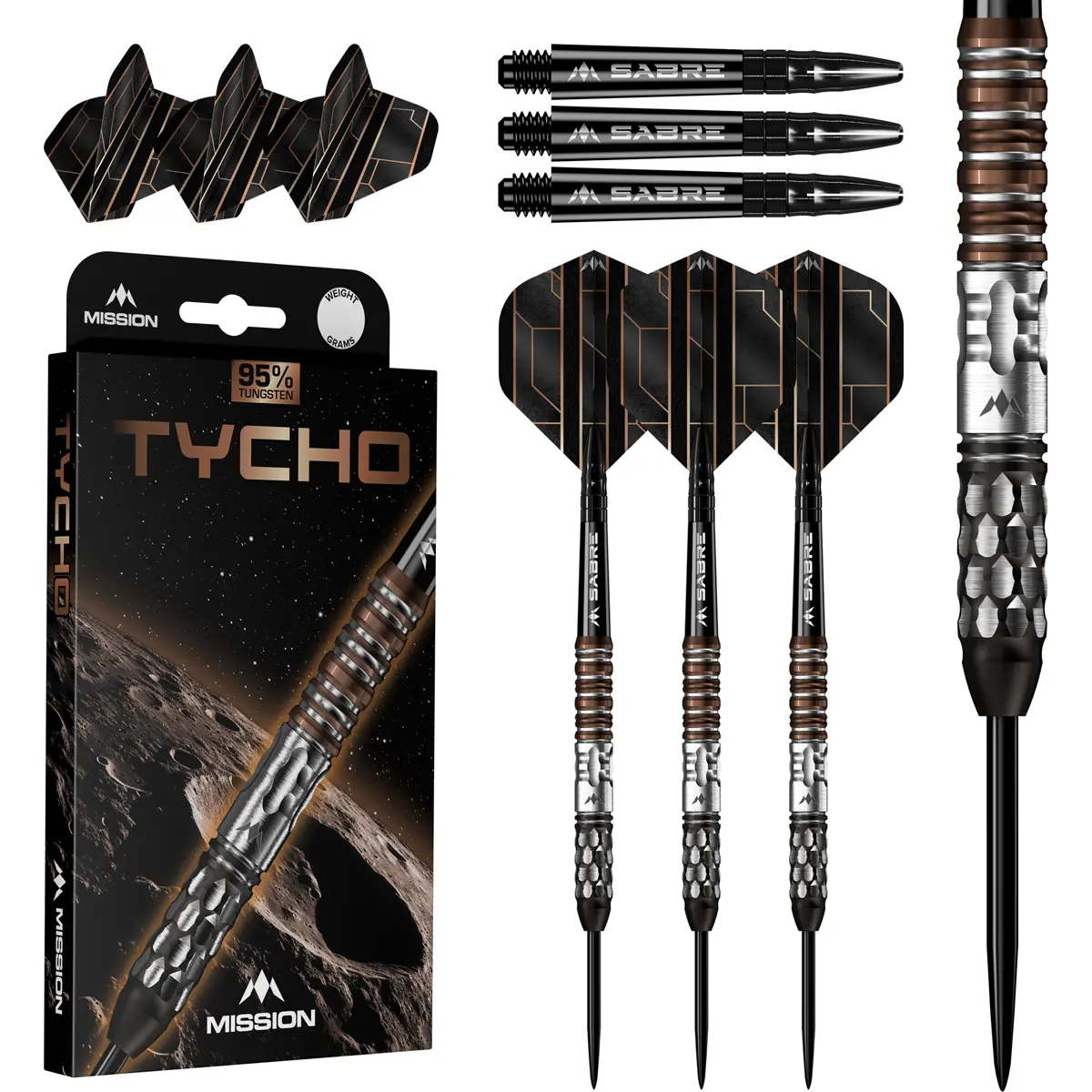 Mission Tycho Steeldarts Set mit Verpackung, Sabre Shafts und Tycho Flights