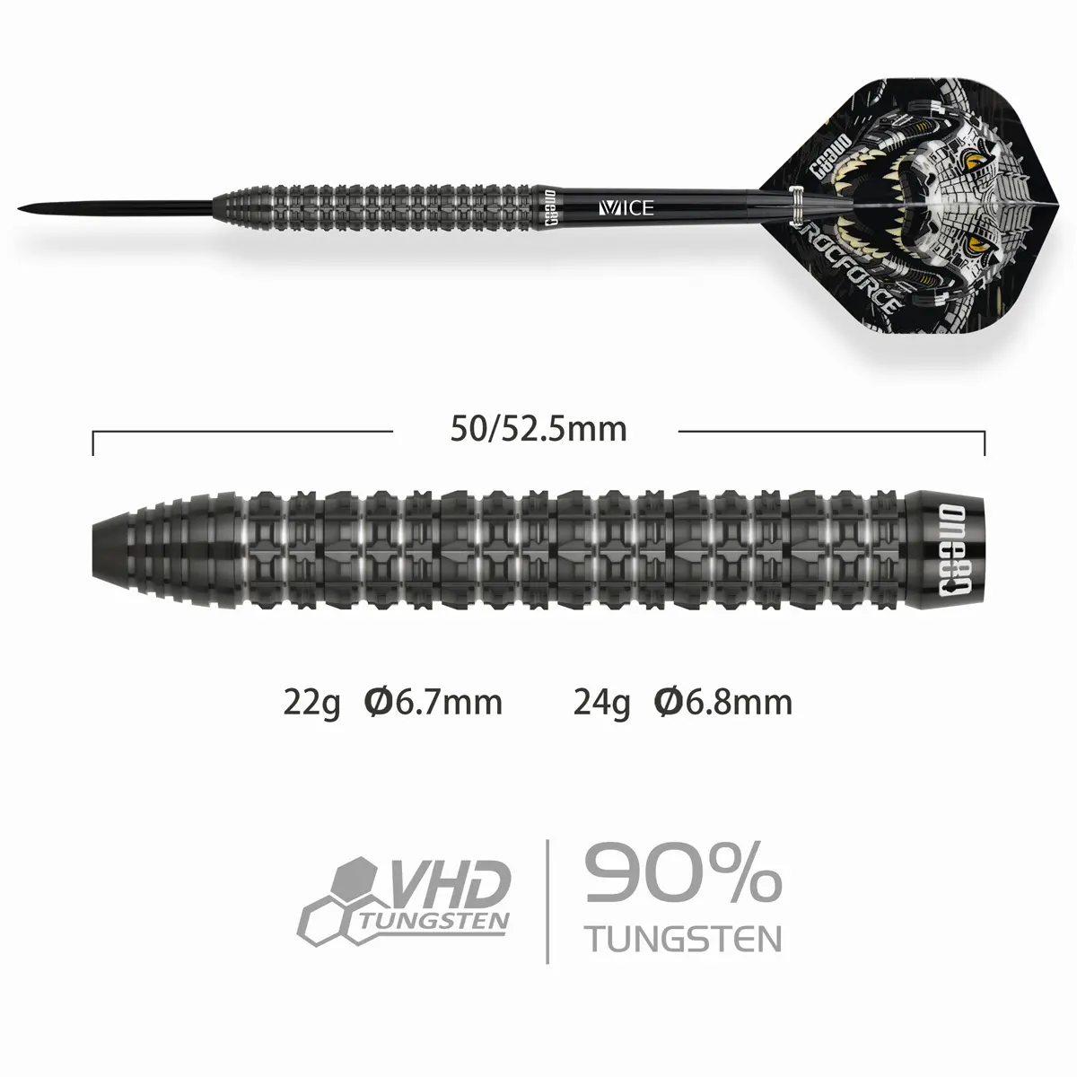 One80 Crocforce CF1 Steeldarts Barrel Details – Maße 22g (50 mm, Ø 6,7 mm) und 24g (52,5 mm, Ø 6,8 mm)