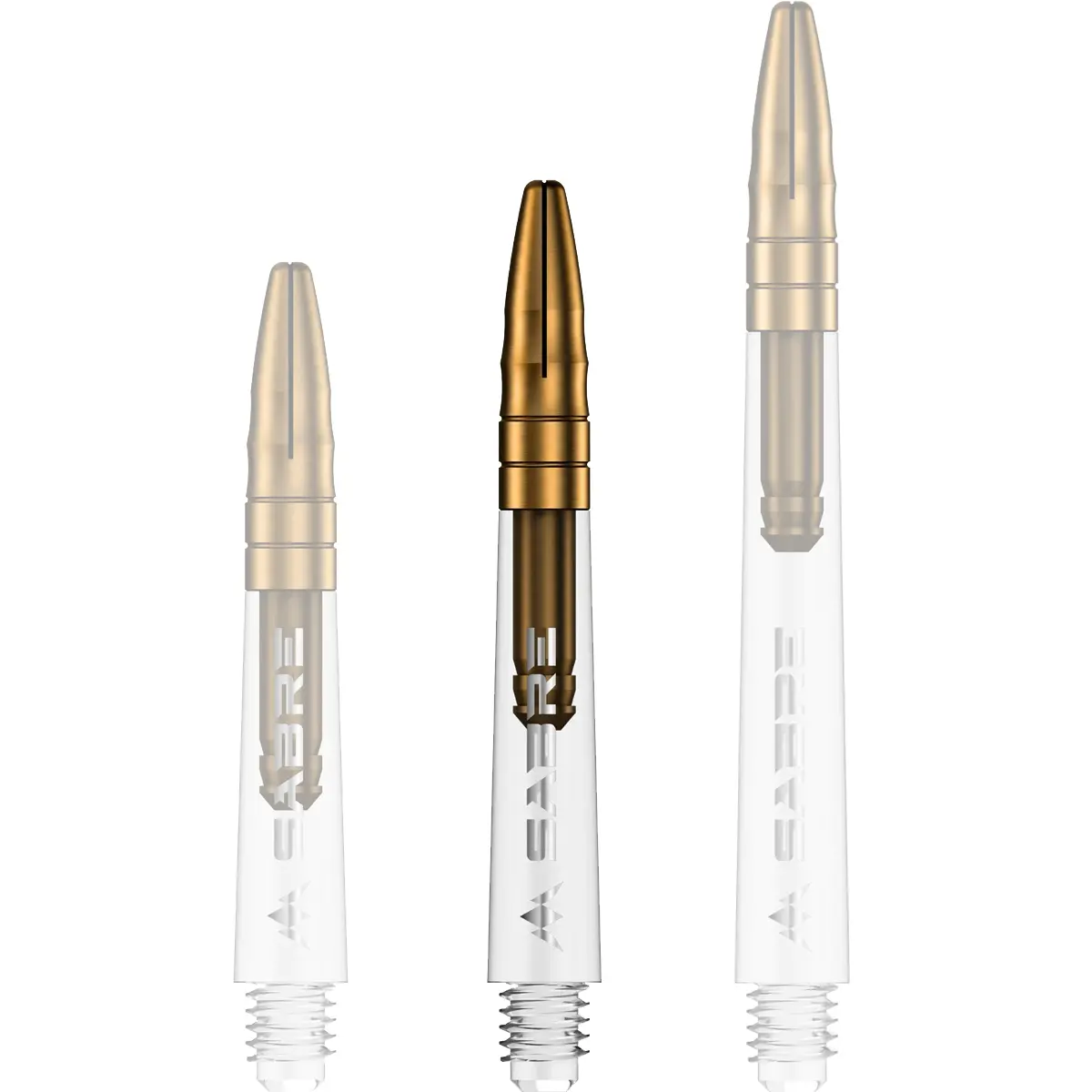 Mission Sabre Dart-Schaft in Klar-Gold, Größe Midi. Die mittlere Intermediate-Länge im edlen Design mit transparentem Unterteil und goldenem Top.