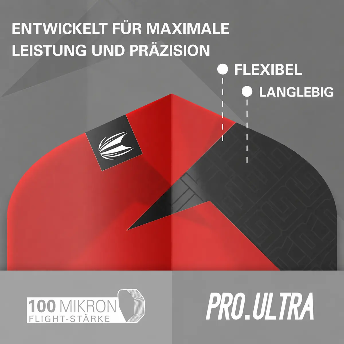 Werbegrafik der Target TAG Flights No6 rot mit Pro Ultra Material, 100 Mikron Flight-Stärke, flexibler Bauweise und langlebiger Qualität