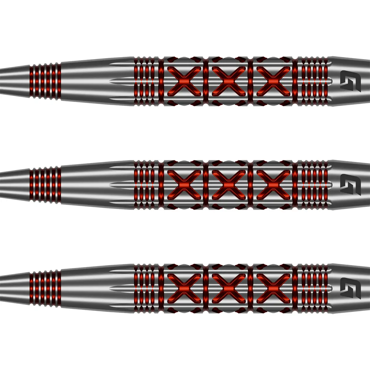 Detailansicht des Goat Strikes Steeldarts Barrels mit markantem X-Grip und roten Akzenten