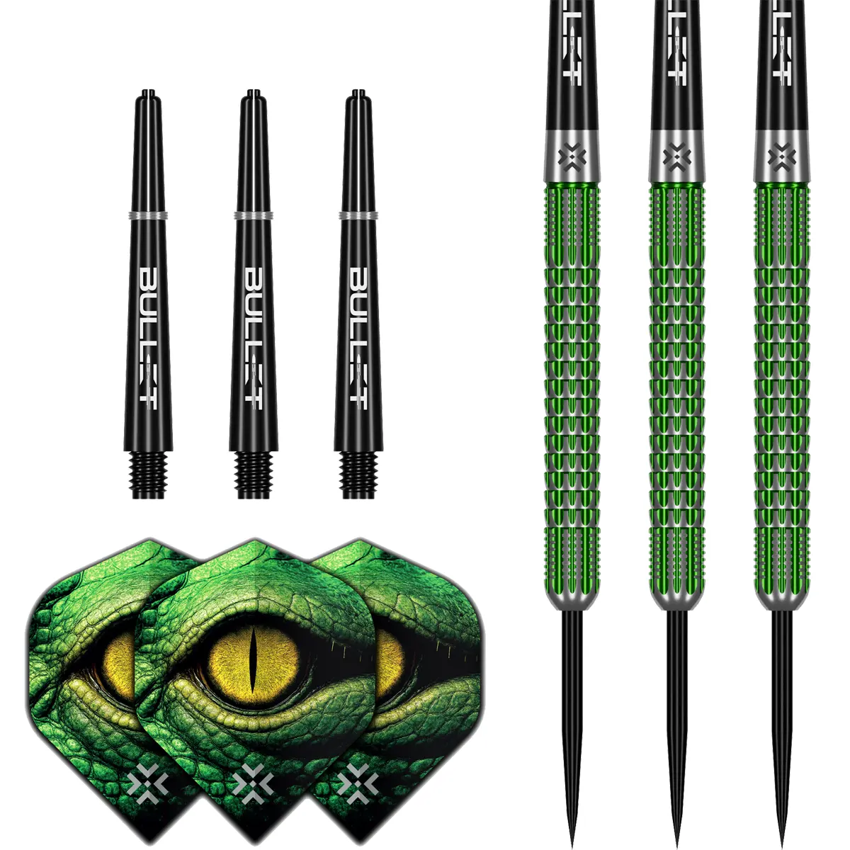 Bullet Gator Steeldarts Set mit Shafts, Flights und montierten Darts