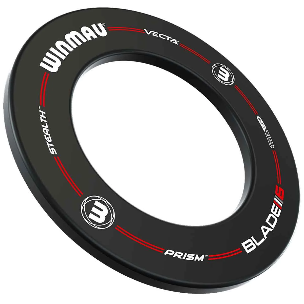 Seitliche Ansicht des Winmau Pro-Line Blade 6 Dartboard Surround – schwarzer Dart-Auffangring mit rotem Designstreifen
