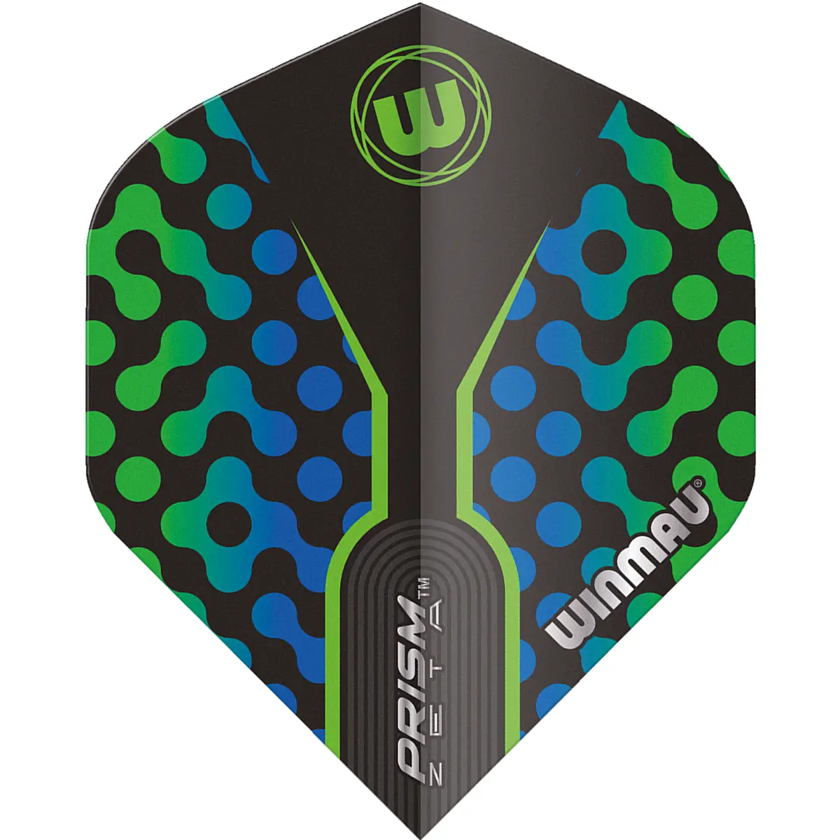 Winmau Prism Zeta Flight Schwarz, Blau & Grün – flache Frontansicht