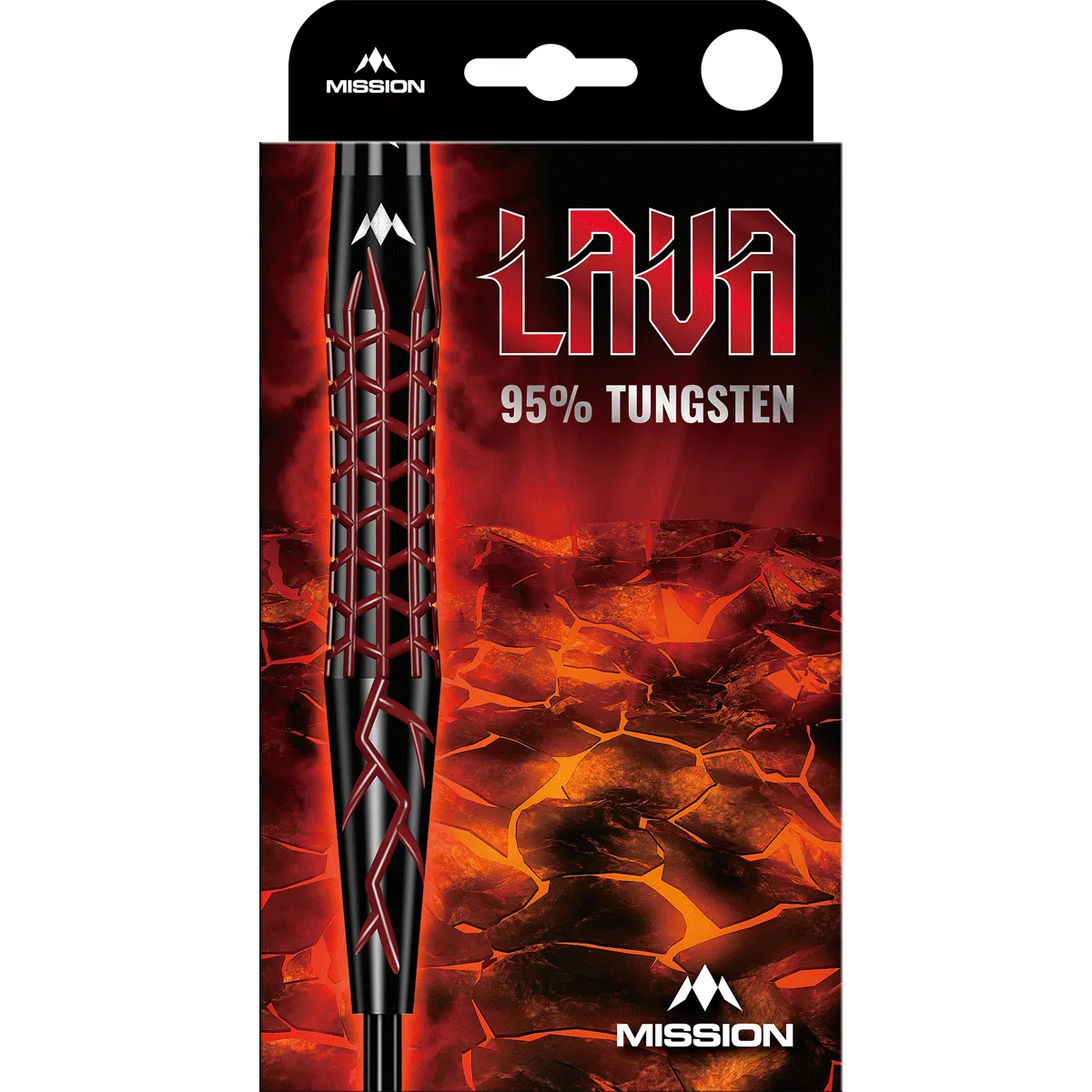 Mission Lava Steeldarts Verpackung mit roter Lava-Grafik und 95 % Tungsten Hinweis