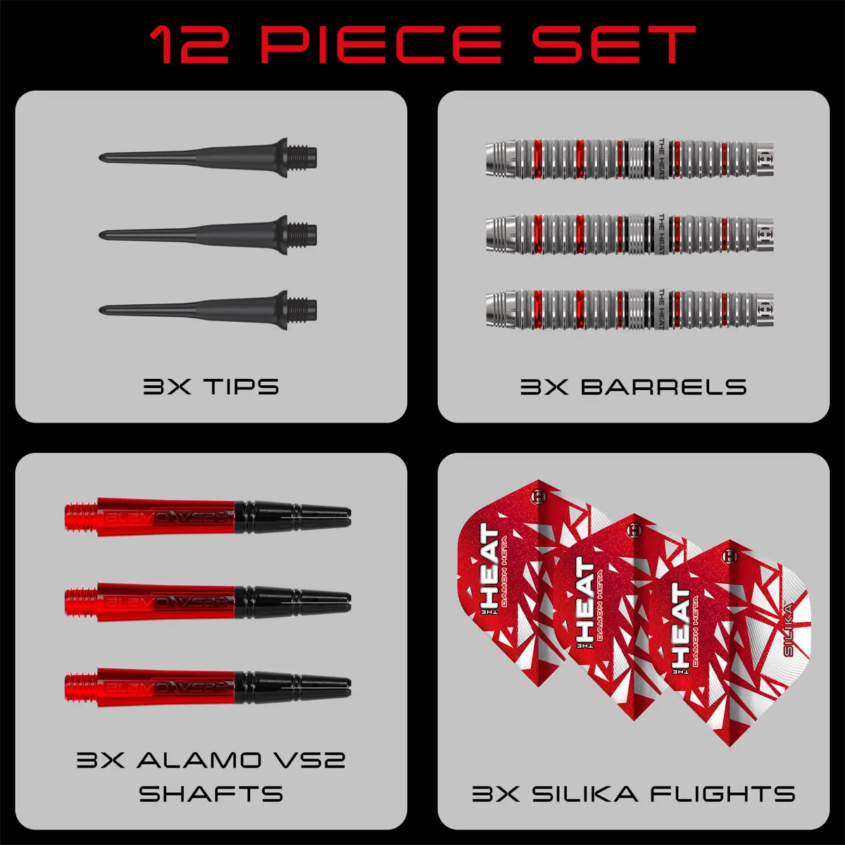 Lieferumfang der Harrows Damon Heta Series 4 Softdarts – Barrels, Tips, Alamo VS2 Shafts und Silika Flights