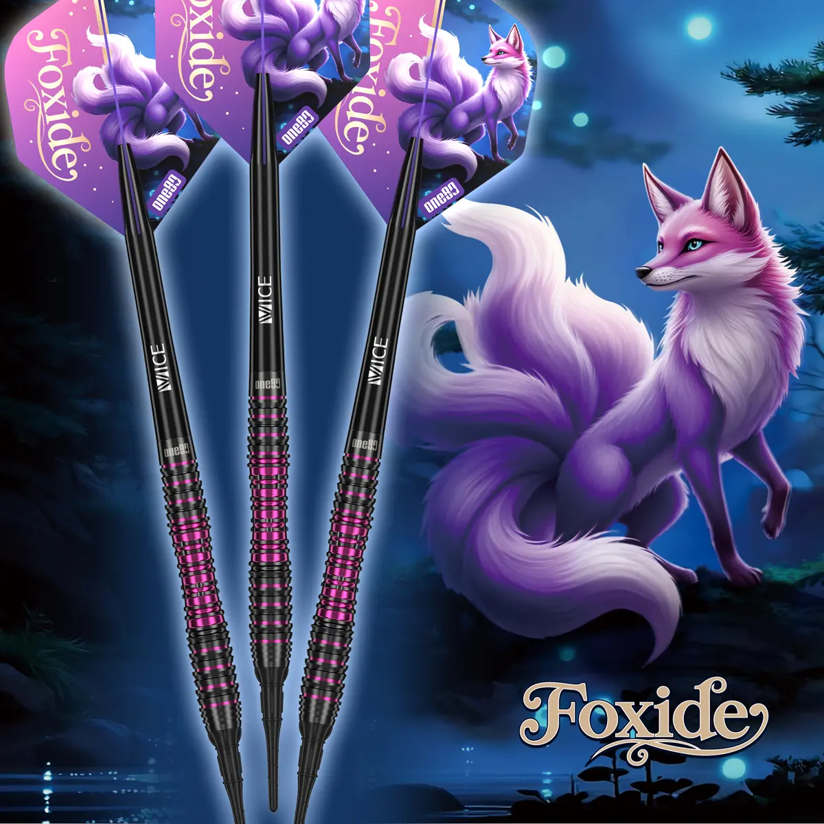 One80 Foxide F3 Softdarts vor Foxide Artwork mit markanter Griffmulde und strukturierter Oberfläche