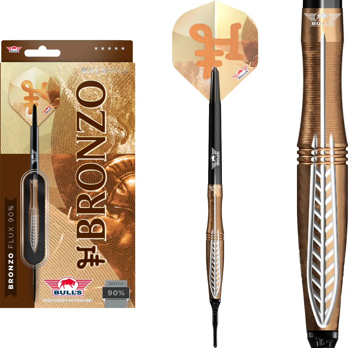 Komplettes Set Bull's NL Bronzo Flux Softdarts 18 g – 90 % Tungsten, Barrel, Schaft und Flight montiert