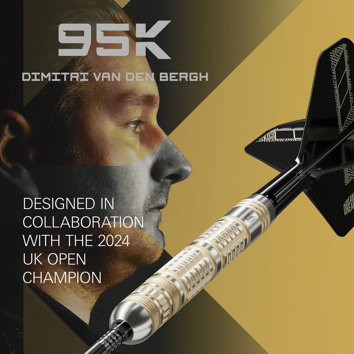 Werbebanner der Target Dimitri Van den Bergh 95K Swiss Point Steeldarts mit Spielerporträt und Dart