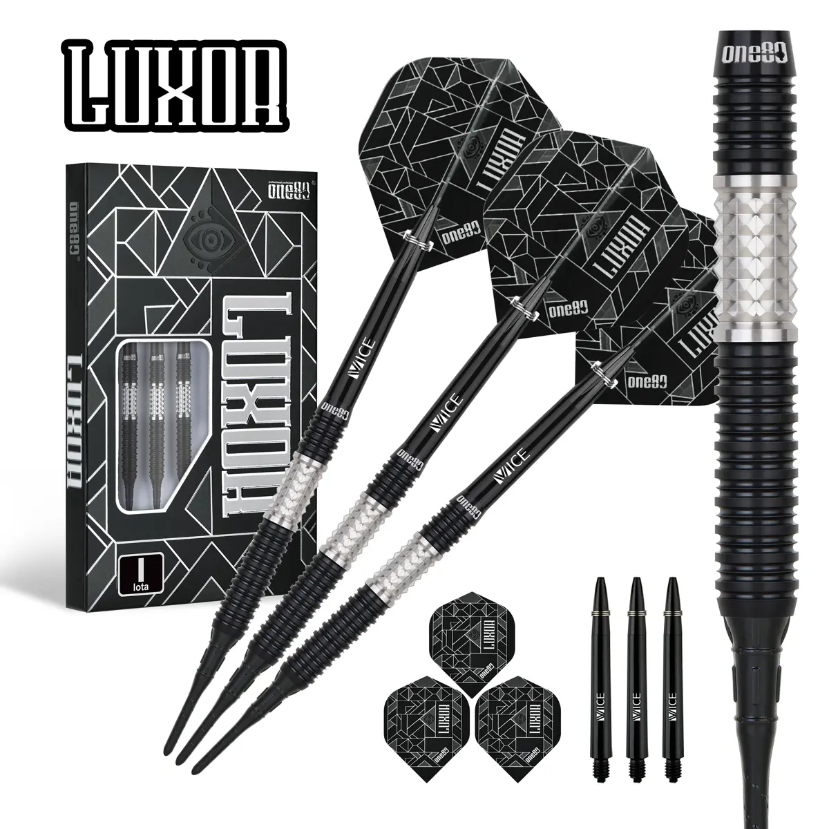 One80 Luxor II Iota Softdarts – Schwarz-Silber Design One80 Luxor II Iota Softdarts komplett montiert mit Flights, Shafts und Softdart-Spitzen