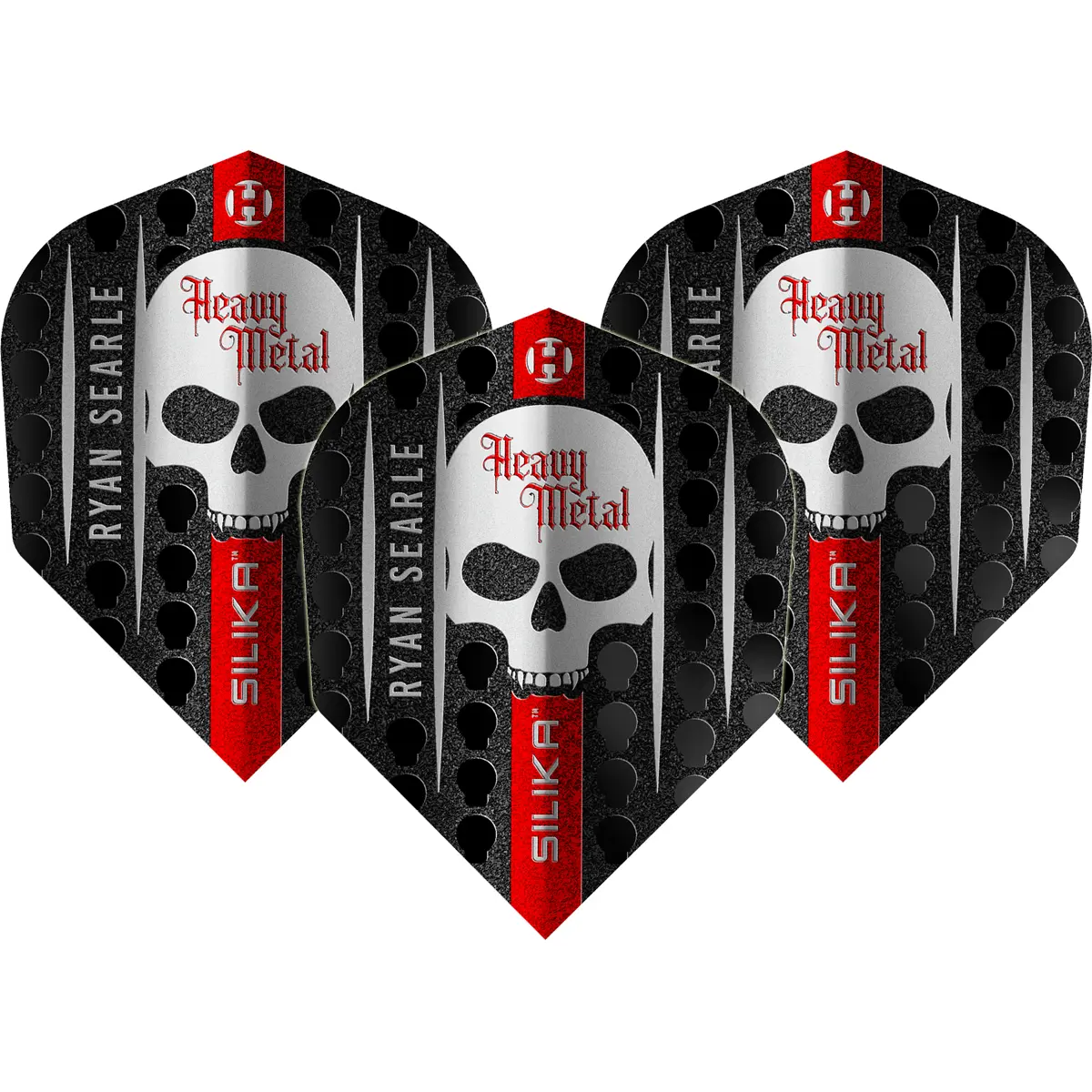 Harrows Ryan Searle Silika No6 Flights 3er-Set mit Totenkopf-Motiv in Schwarz-Rot-Silber