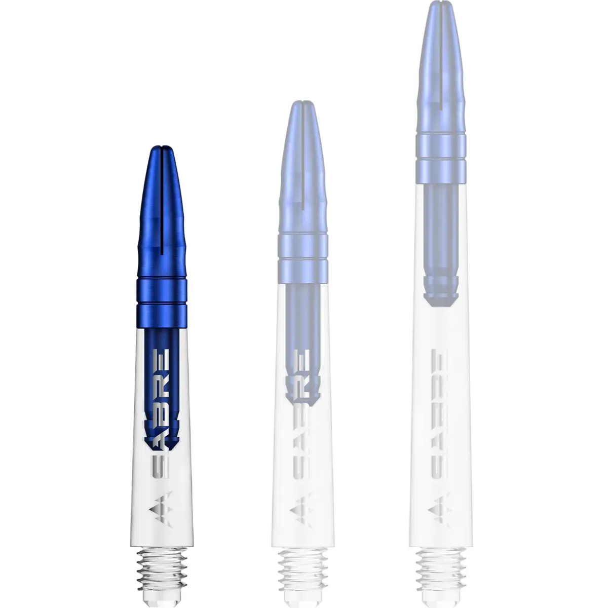 Mission Sabre Dart-Schaft in Klar-Blau, Größe Short. Kurzer, kristallklarer Hybrid-Shaft mit blauem Aluminium-Aufsatz für festen Flight-Halt und moderne Optik.