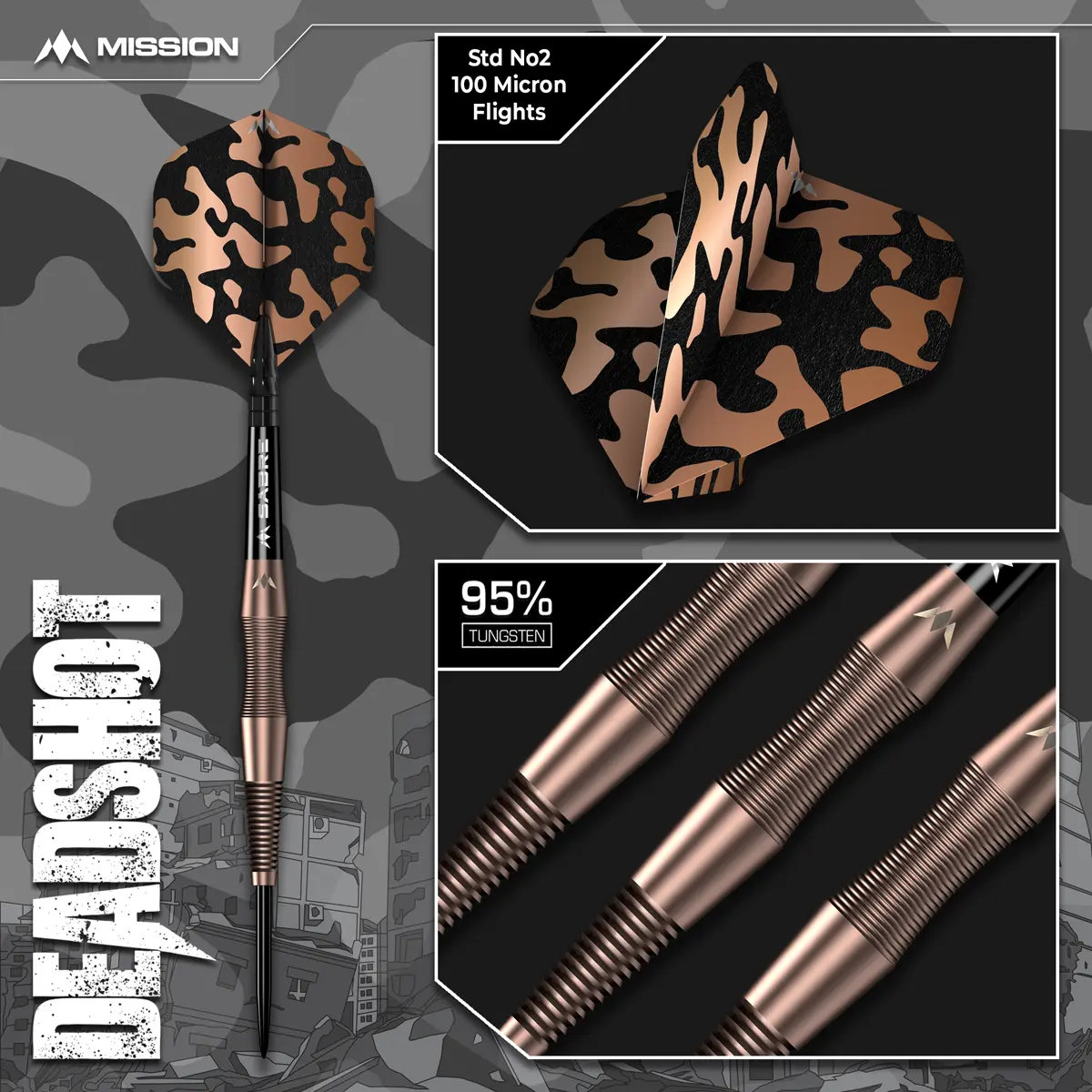 Mission Dead Shot Steeldarts mit 95 % Tungsten, Sabre Shafts und Camo-Flights – Detailansicht und Produktinfos