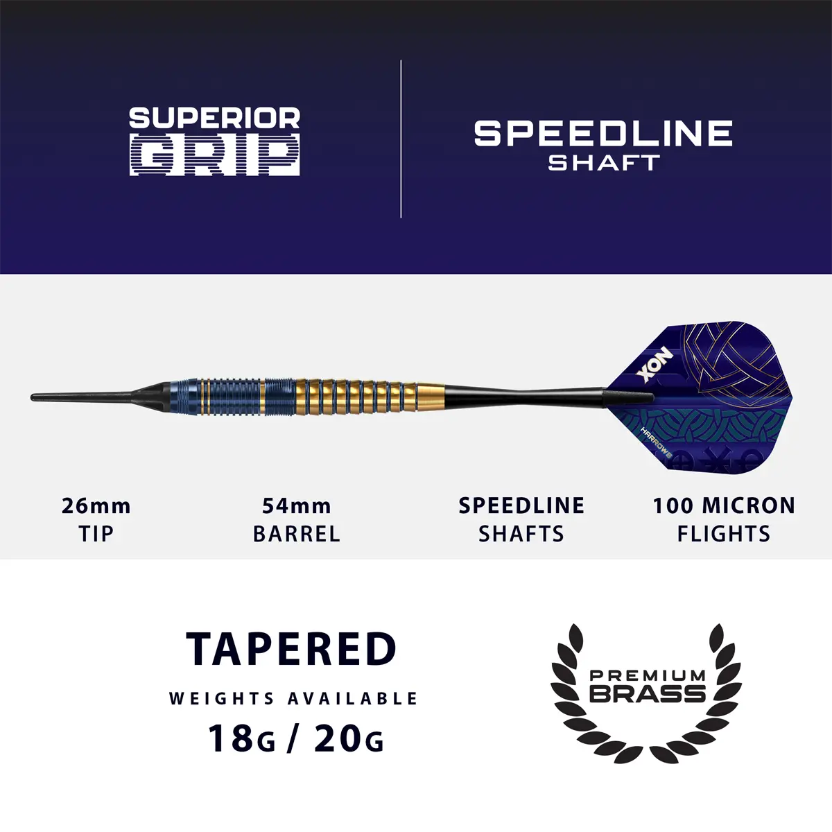 Technische Daten der Harrows Nox Softdarts – 54 mm Barrel, 26 mm Tip, erhältlich in 18 g und 20 g mit Speedline Shafts und Standard Flights.