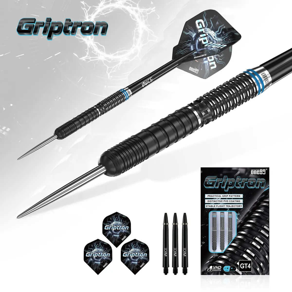 One80 Griptron GT4 Steeldart im Flug – schlankes Barrel mit hinterer Griffzone