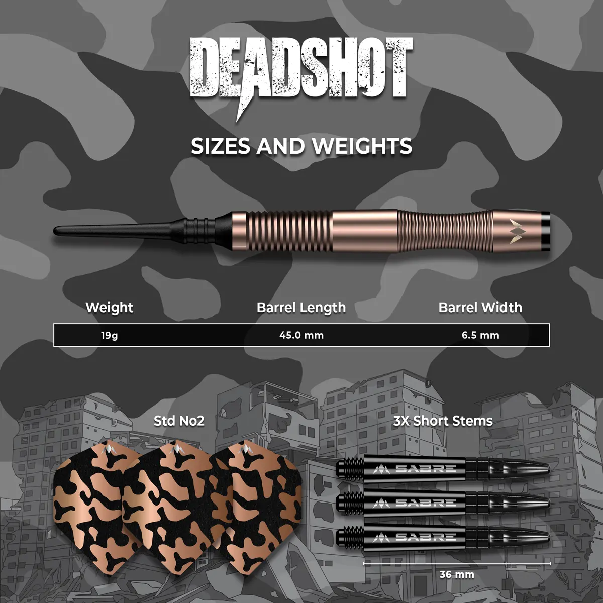Technische Daten der Mission Dead Shot Softdarts – 19 g, 45 mm Länge, 6,5 mm Durchmesser