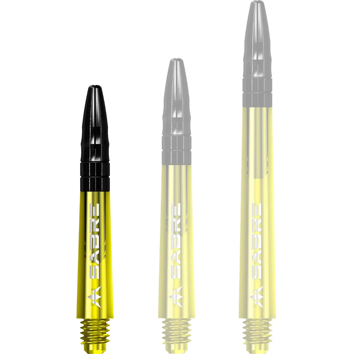 Mission Sabre Dart-Schaft in Gelb-Schwarz, Größe Short. Kurzer Hybrid-Shaft mit gelbem Polycarbonat-Körper und schwarzem Aluminium-Top für optimale Flugstabilität.